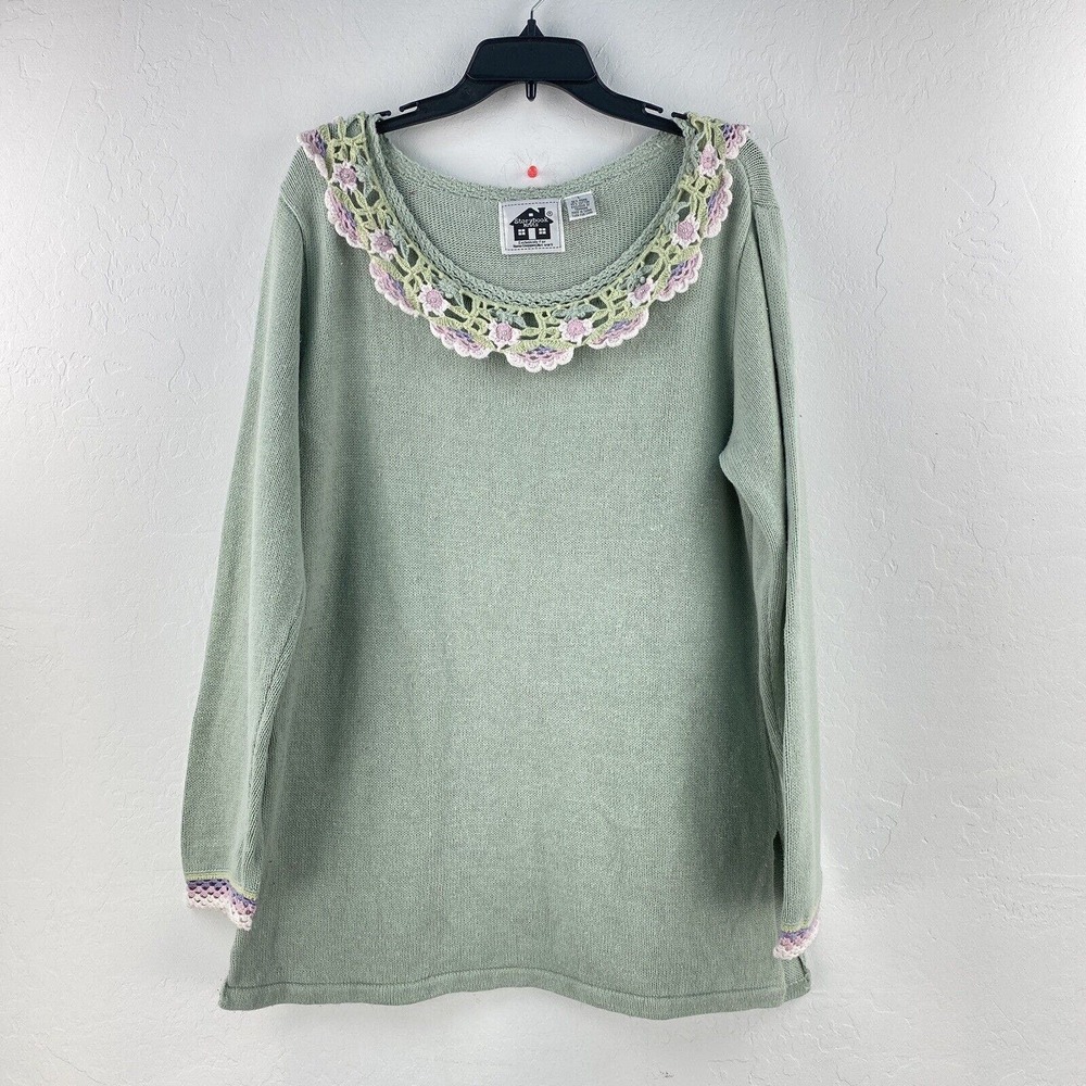 Storybook Knits Women’s Sweater L Granny Core Crochet Mint Green Beaded Purple